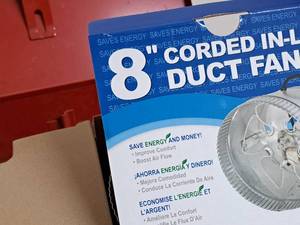 lot 269 image: Contents of Shelf - 8 Corded In-Line Duct Fan, Foundation Coating, Parts Organizers, LED Light
