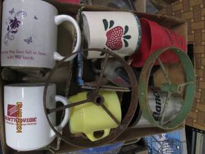lot of cups and metal decor...
