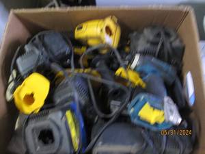 box of dewalt and makita drills and chargers some batteries untested