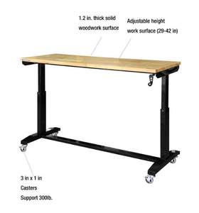 lot 5A image: HUSKY 62 in. W x 24 in. D Adjustable Height Solid Wood Top Workbench Table in Black (retails for $328)