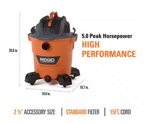 lot 78 image: RIDGID 12 Gallon 5.0 Peak HP NXT WetDry Shop Vacuum with Filter, Locking Hose and Accessories Model # HD1200