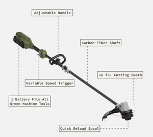 lot 14 image: Green Machine 62V 16 in. Cordless String Trimmer Carbon Fiber Shaft Brushless Motor and Spool Model # GMST6200-A