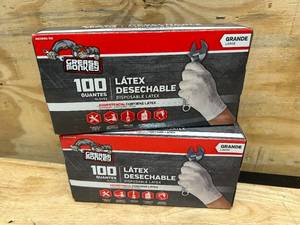 lot 179 image: GREASE MONKEY Lot of 2 Boxes of- Disposable Latex Gloves (100 per box) Size Large