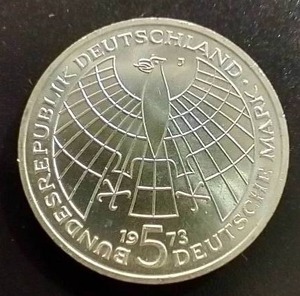 1973 West Germany Silver Copernicus 5 Mark Coin