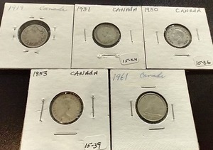 (5) Silver Canadian Dimes - 3 Different Monarchs