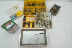 2-12 self drilling screws variety of screws and hydraulic fitting assotment, dewalt case, tin pan and plastic storage container