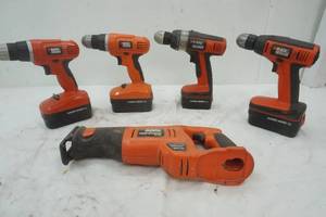 4 Black & Decker Drill with Batteries and a handsaw (no blades) in a tote