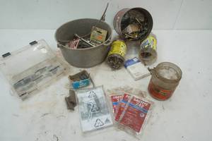 Nails, cast iron pot with tools and more