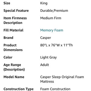 lot 1 image: Casper Original Memory Foam King Size Mattress