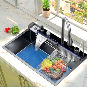 lot 52 image: Nano Gray 304 Stainless Steel Kitchen Sink with Waterfall 31.5x18x8.7