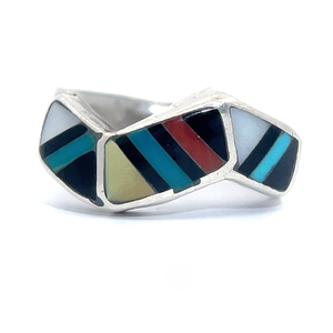 Coral, Turquoise, Mother of Pearl & Onyx Inlay Handmade Navajo Ring