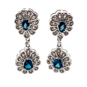 London Blue Topaz & White Topaz Double Flower Dangle Earrings