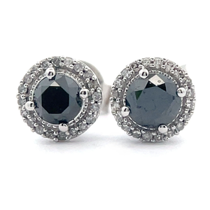 1 Carat White &amp Black Diamond Black Halo Round Stud Earrings in White Gold $1,999 Retail