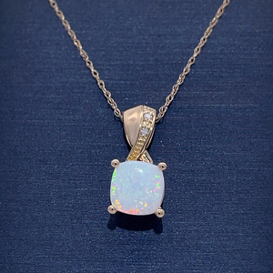 White Opal & Pave Diamond Necklace in Yellow Gold