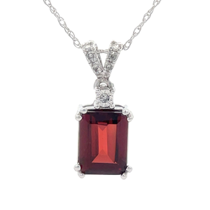 Emerald Cut Garnet & Diamond Pendant Necklace in White Gold