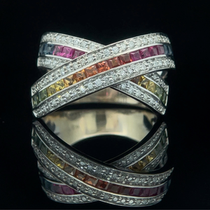 2 Carat Rainbow Gemstone & Diamond Criss-Cross Ring in 18k White Gold $5,895 Retail