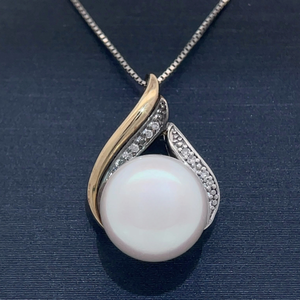 White Cultured Pearl Love Knot Pendant Necklace in Two-Tone