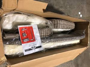 Hampton Bay Beacon Park Gray Wicker Outdoor Patio Loveseat with CushionGuard Almond Tan Cushions   Customer Returns See Pictures