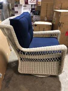 Outdoor Patio Wicker Chair with Blue Cushion   Customer Returns See Pictures