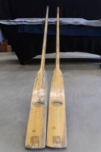lot 54 image: PAIR OF FEATHER BRAND OARS WITH OAR LOCKS