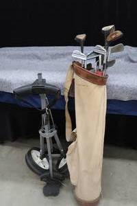 lot 114 image: VINTAGE GOLF CLUBS  BAG  CART