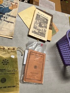 Vintage child skis, bank bags, wood containers