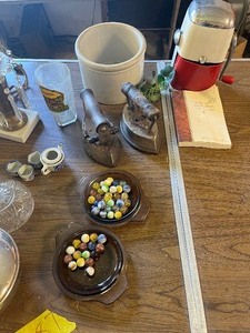 Oil lamp parts, marbles, irons