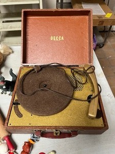 Barbie dolls, crayons, record player, misc