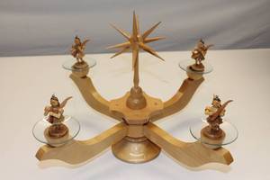 lot 42 image: Rare German Erzgebirge Wooden 4-Arm Candelabra Taper Wood Candle Holder with Figures