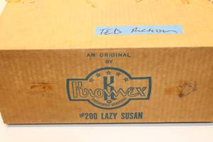 lot 46 image: Vintage 50s Kromex Chrome and Pressed Glass Lazy Susan Relish Tray Serving Set in Original Box