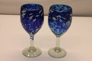 lot 125 image: Set of 2 Hand Blown Cobalt Blue and White Confetti 16-oz Wine Glass