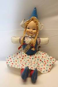 lot 175 image: Vintage Wind-up 20 Carnival Prize Plastic Face, Cloth Stuffed Doll