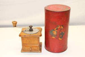lot 193 image: Lot of Wooden Coffee Grinder and Chase and Sanborn Container