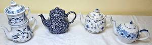 lot 19 image: Collection of 4 Blue Teapots- Queens Calico Blue, TK Thuny #4, Furnivals Limited Denmark and Arita Gear Blue Damask
