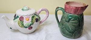 lot 22 image: Vintage Handpainted Portuguese Majolica Teapot and Majolica Jospeh Holdcroft Water Lily PitcherJug