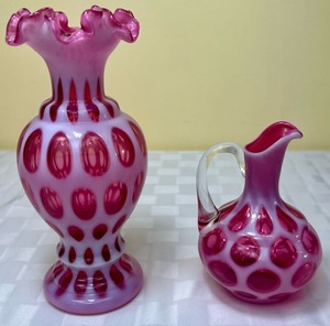lot 66 image: Large Fenton Cranberry Opalescent Coin Dot 9 Ruffled Vase and Fenton Coin Dot 6 Cruet (missing stopper)