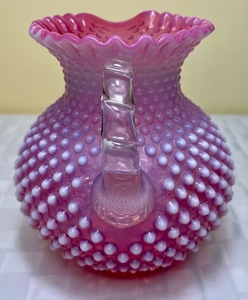 lot 92 image: Fenton Cranberry Pink Opalescent Large Hobnail Pitcher 8 Vintage 1940s with Reed Handle