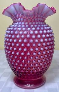lot 93 image: Fenton Large Cranberry Hobnail Ruffled Edge Glass Vase 8 H