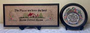 lot 100 image: Vintage Embroidered Cross Stitch Framed Artwork. The Charm of a House is Reflected By Its Friends and The Place We Love the Best Home Sweet Home