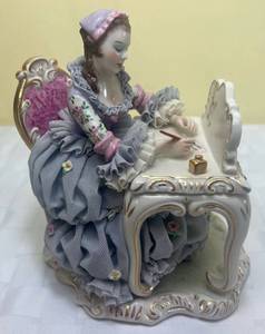 lot 102 image: Vintage MZ Irish Dresden Lace Porcelain The Love Letter Lilac Time Collection Porcelain Figurine at Desk