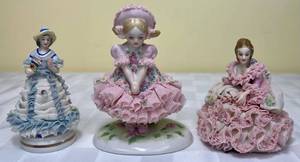 lot 106 image: Vintage MZ Irish Dresden Set of 3 Lace Porcelain Figurines, Jasmine, Sitting Lady Figurine and Lady with Fan