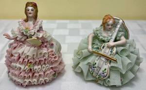 lot 108 image: Vintage MZ Irish Dresden Lace Porcelain Stephanie Celtic Melodie Emerald Collection and Lady with Letter