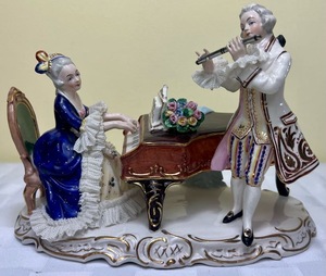 lot 114 image: Vintage Alka West Germany Dresden Lace Porcelain man with Flute and Woman at Piano Figurine