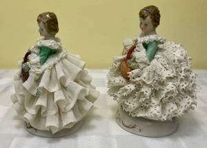 lot 109 image: Vintage MZ Irish Dresden Lace Porcelain Figurines, Set of 2 Girls with Basket of Flowers 4 H
