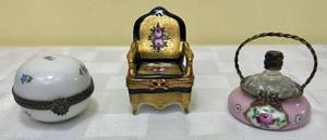 lot 125 image: Vintage ML Limoges Miniature Porcelain Basket with Perfume Bottle No. 176,  Limoges Rare Floral Chair Trinket Box and Porcelain Flower Round Trinket Box