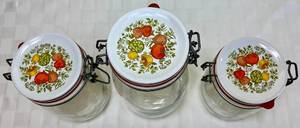 lot 12 image: Vintage Corning Ware Spice of Life Glass Canister Set with Lids plus two Spice Jars - 2 L, 1 L, .75 L and 1.5L