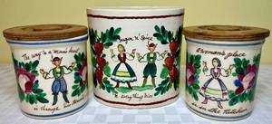 lot 21 image: Vintage Bauer Pottery Canister Set and Strawberry Sugar & Spice Everything Nice Utensil Holder