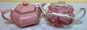 lot 24 image: Vintage Hall Pink Teapot and Johnson Brothers Old Britain Castles RedWhite Teapot