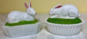lot 31 image: Vintage Westmoreland Milk Glass Painted Rabbit Dish and Bunny Rabbit Candy Dish