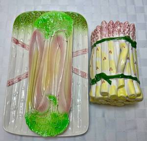 lot 32 image: Vintage Neuwirth Ceramic 2 Piece Covered Asparagus Dish Portugal, French Majolica Asparagus Tray and Royal Winton Grimwades Stoke On Trent Celery Serving Dish